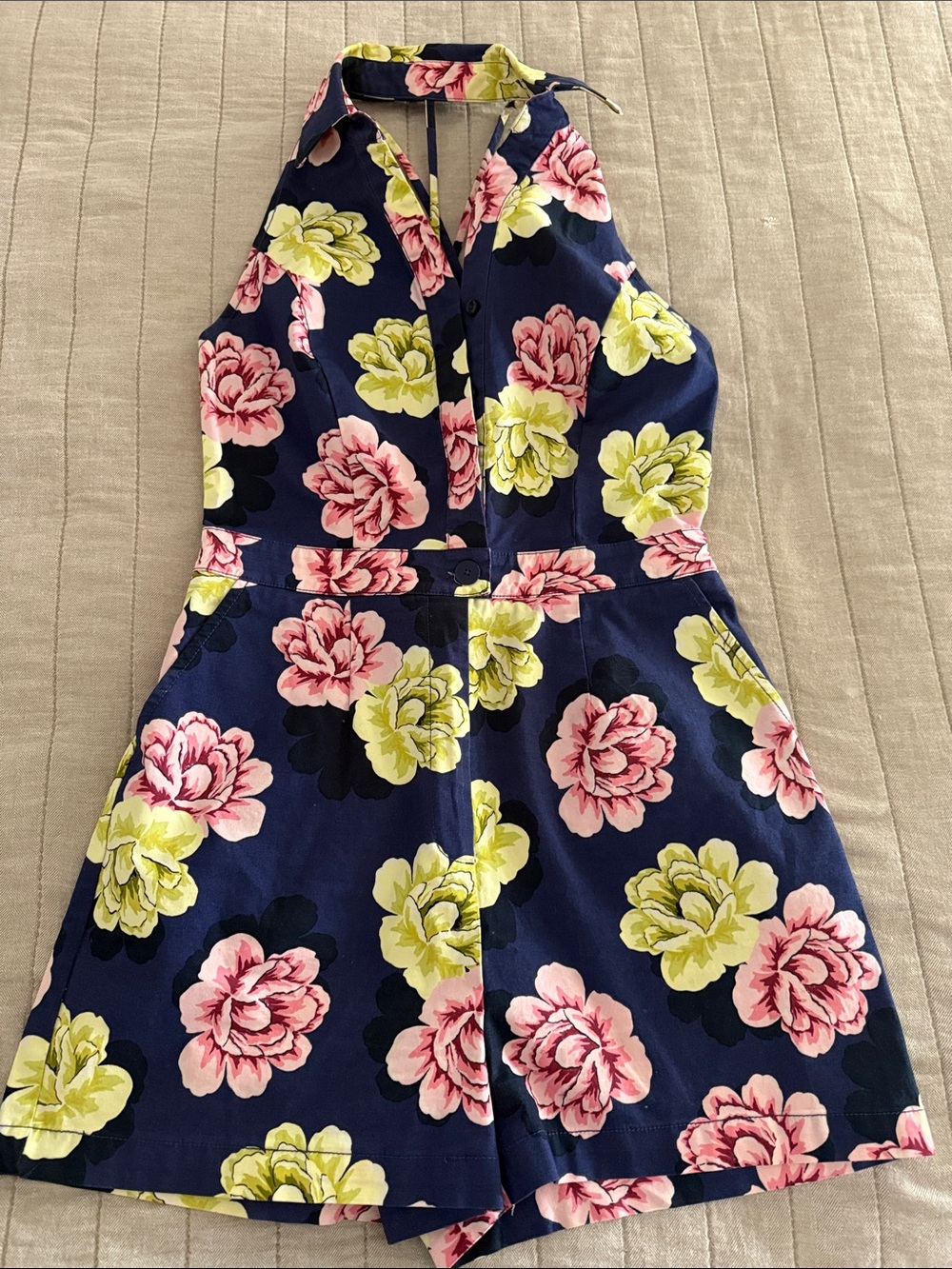 Maeve Navy Halter One-Piece with Pink and Yellow Floral Romper Anthropologie 6